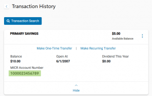 image of online banking interface showing account number.