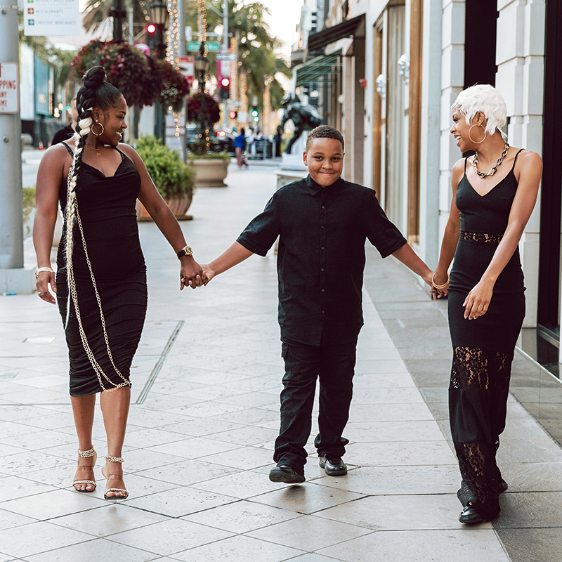Family walking on street